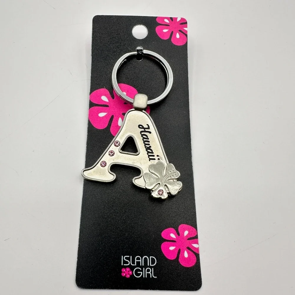 VTG 90s‎ Island Girl Silver Tone Hawaii Initial A Keychain Pink Glass Hibiscus